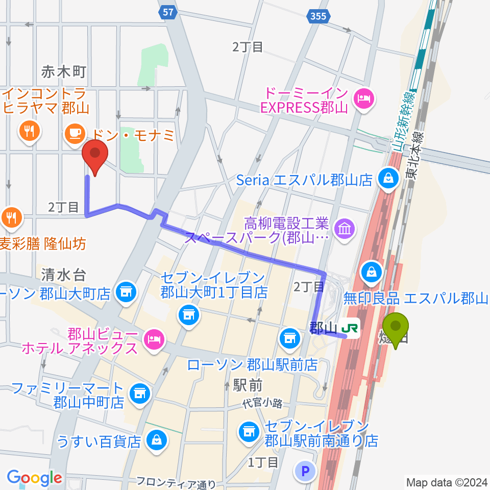 ココラジの最寄駅郡山駅からの徒歩ルート（約11分）地図