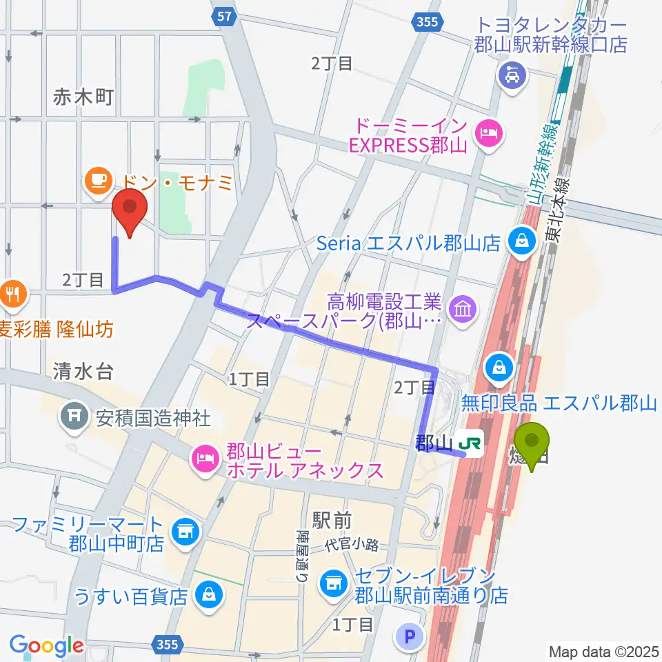 ココラジの最寄駅郡山駅からの徒歩ルート（約11分）地図