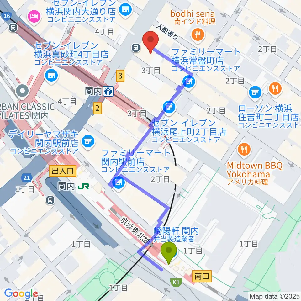 横浜BAYSISの最寄駅関内駅からの徒歩ルート（約5分）地図