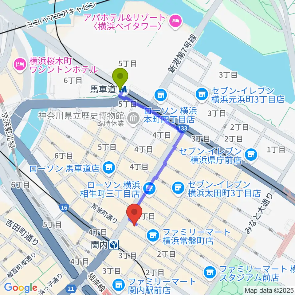 馬車道駅から横浜BAYSISへのルートマップ地図