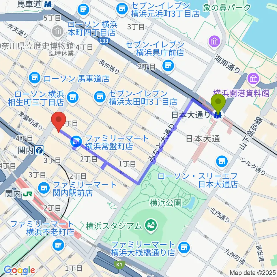 日本大通り駅から横浜BAYSISへのルートマップ地図