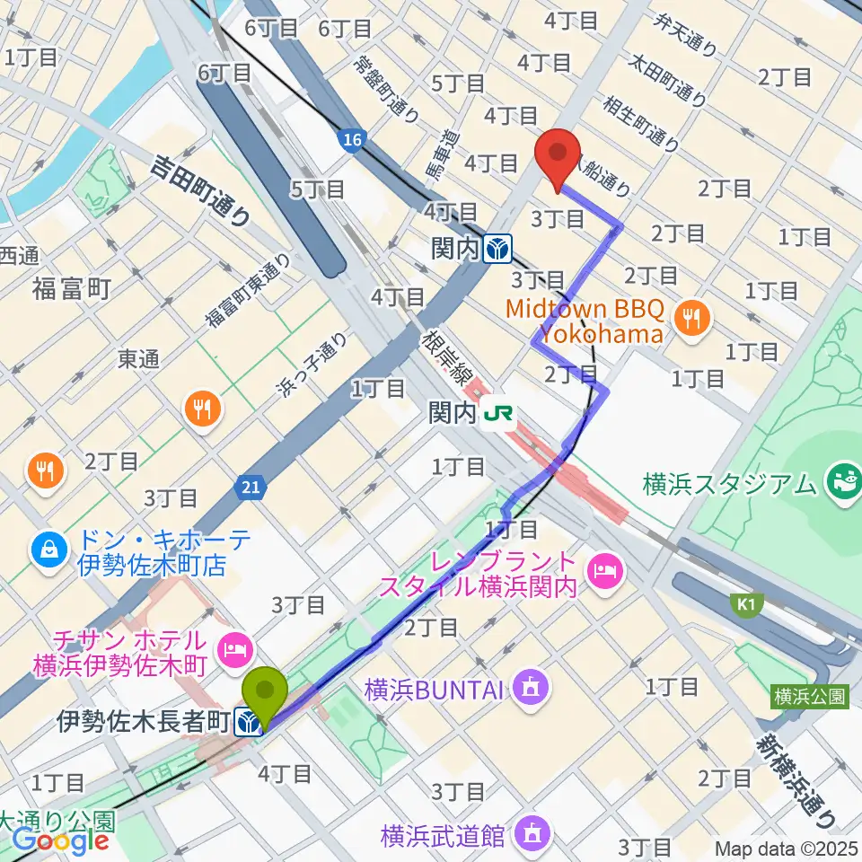 伊勢佐木長者町駅から横浜BAYSISへのルートマップ地図