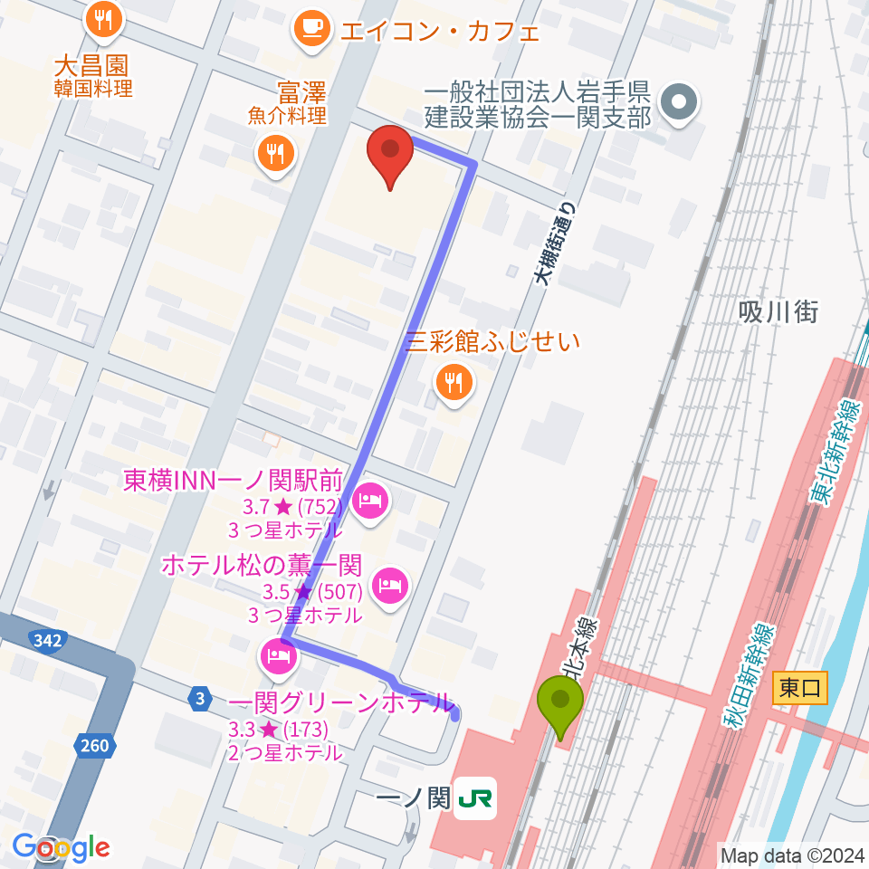 FMあすもの最寄駅一ノ関駅からの徒歩ルート（約5分）地図