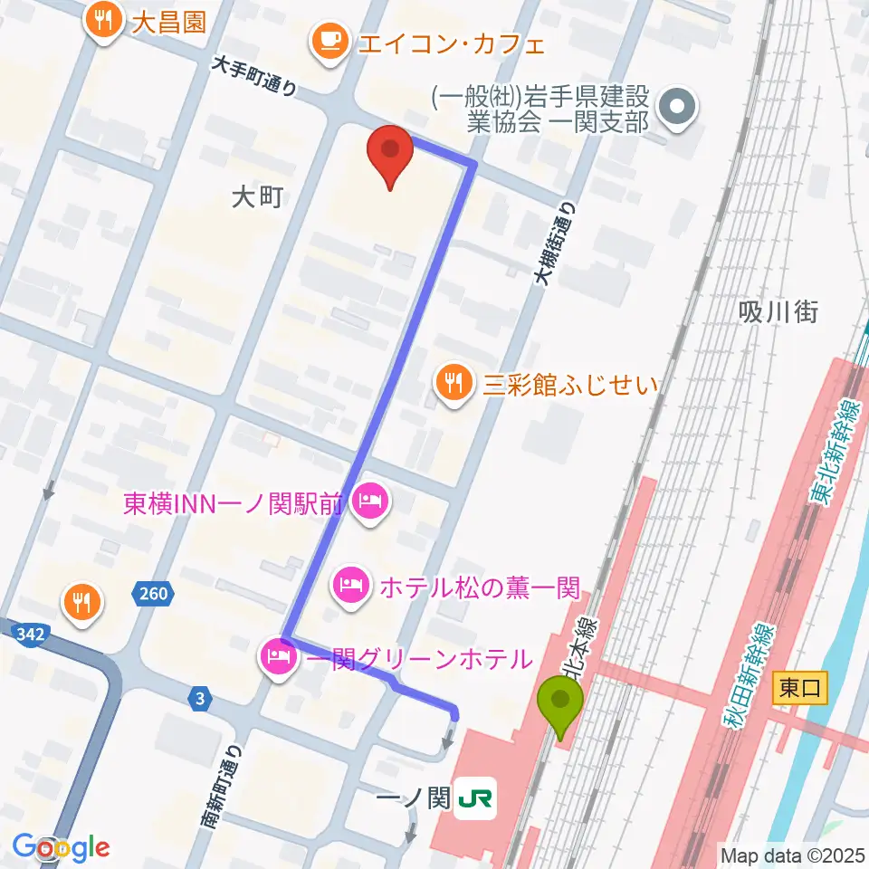 FMあすもの最寄駅一ノ関駅からの徒歩ルート（約5分）地図