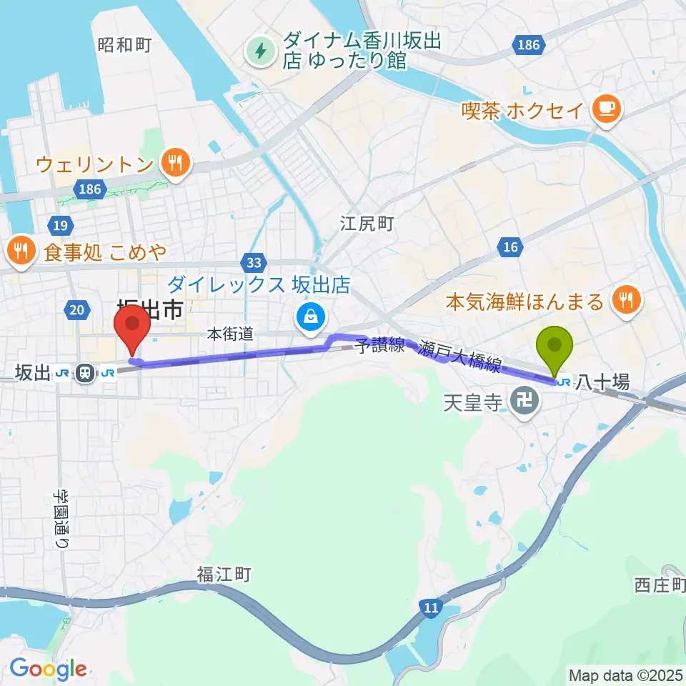 八十場駅からエフエム・サンへのルートマップ地図