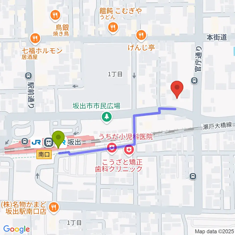 エフエム・サンの最寄駅坂出駅からの徒歩ルート（約4分）地図