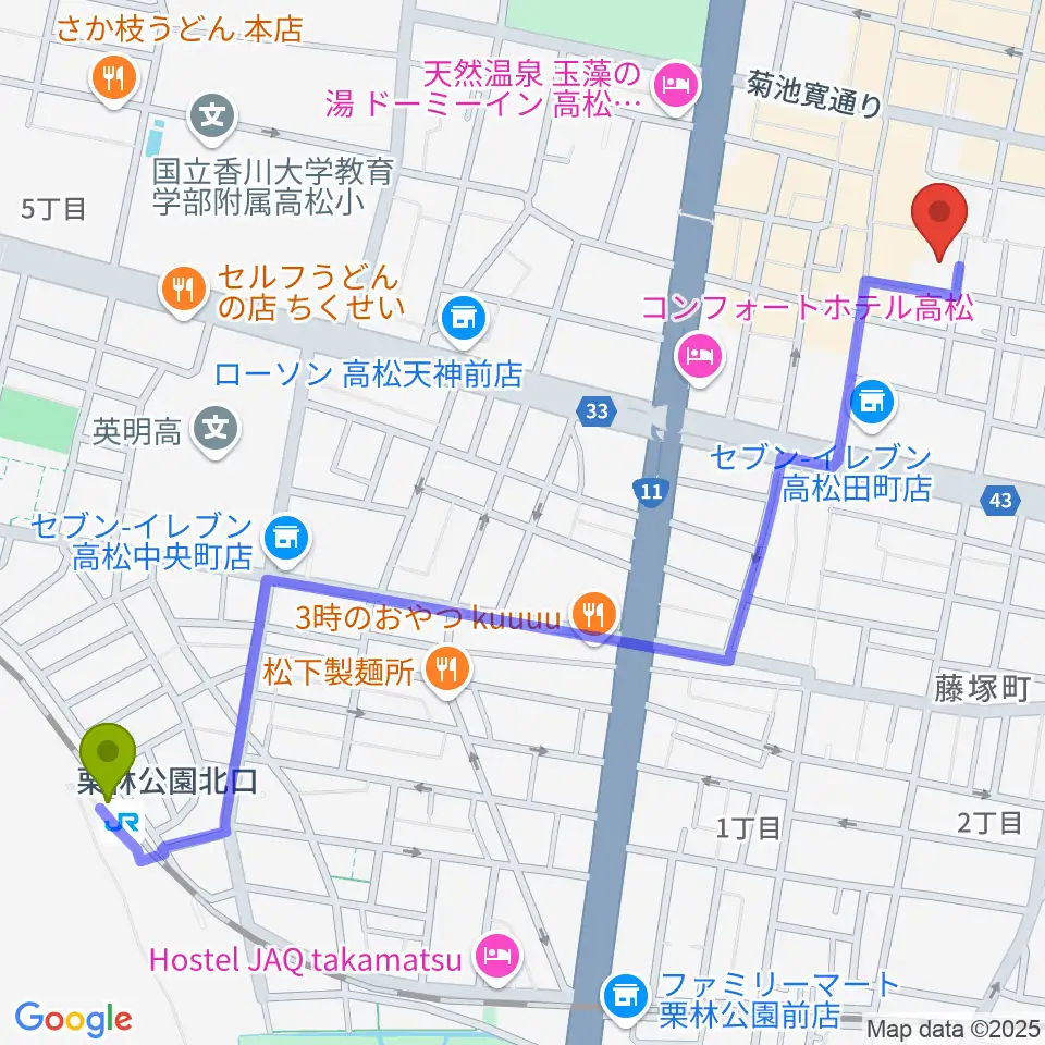 栗林公園北口駅からFM815へのルートマップ地図