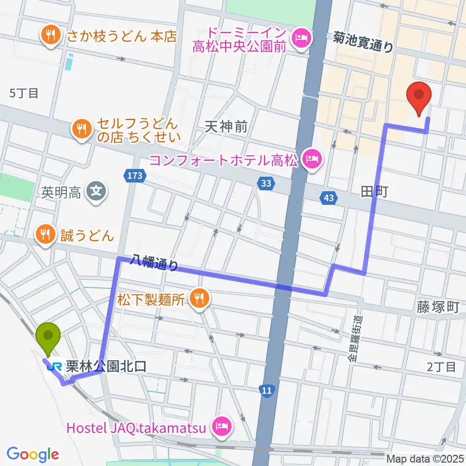 栗林公園北口駅からFM815へのルートマップ地図