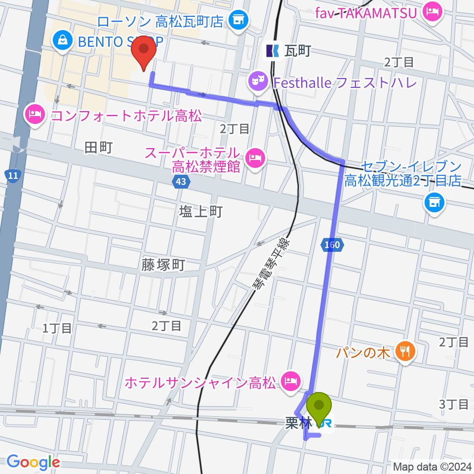 栗林駅からFM815へのルートマップ地図