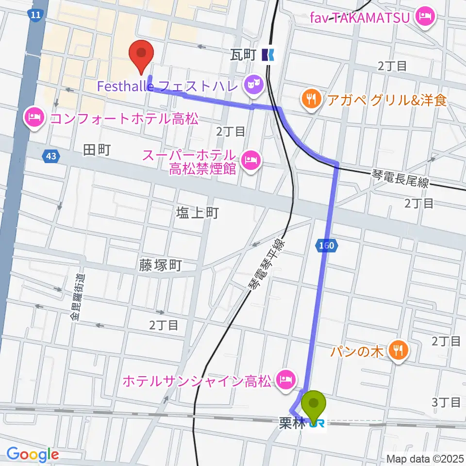 栗林駅からFM815へのルートマップ地図