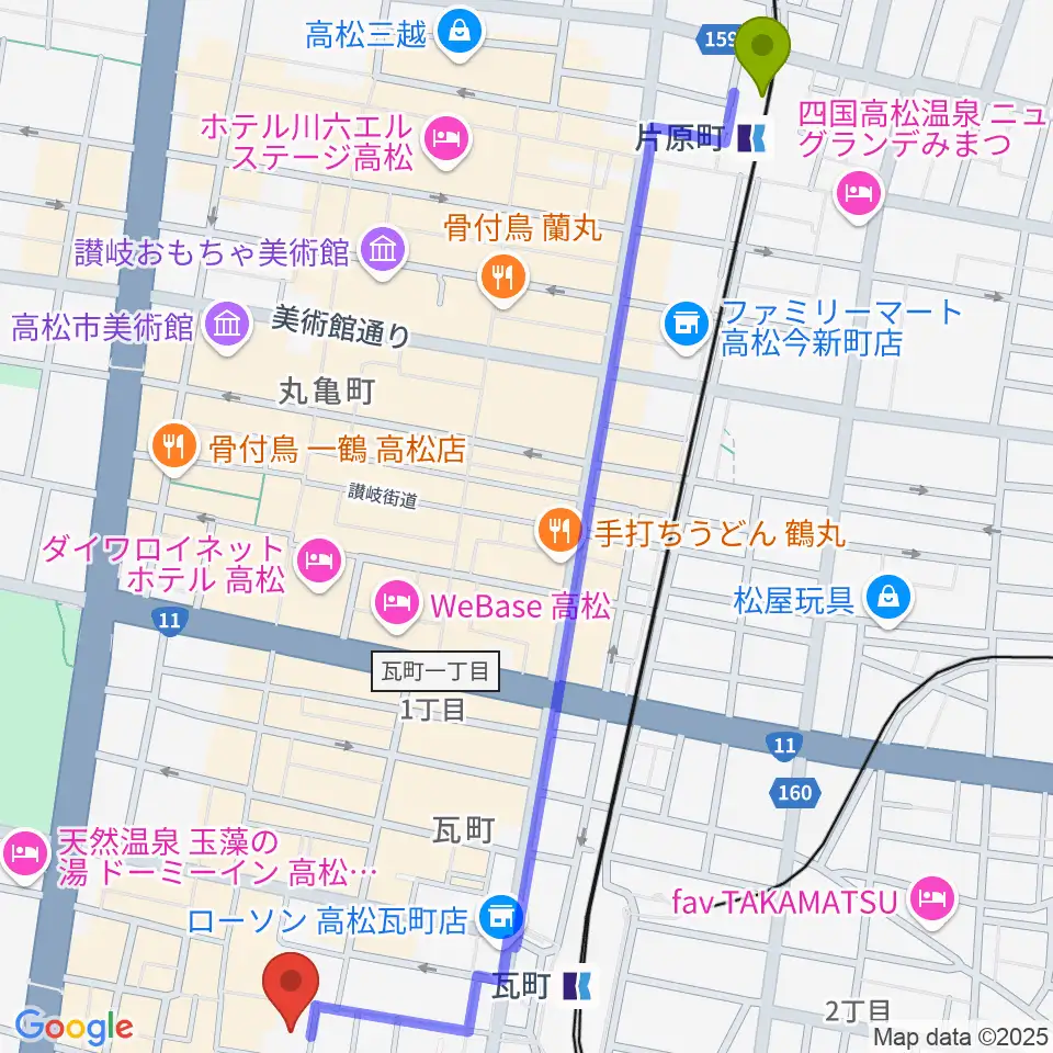 片原町駅からFM815へのルートマップ地図