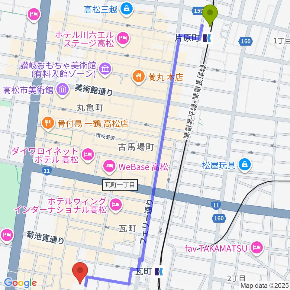 片原町駅からFM815へのルートマップ地図
