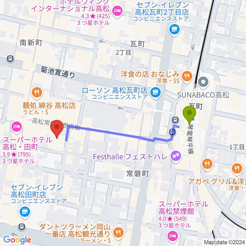 FM815の最寄駅瓦町駅からの徒歩ルート（約4分）地図