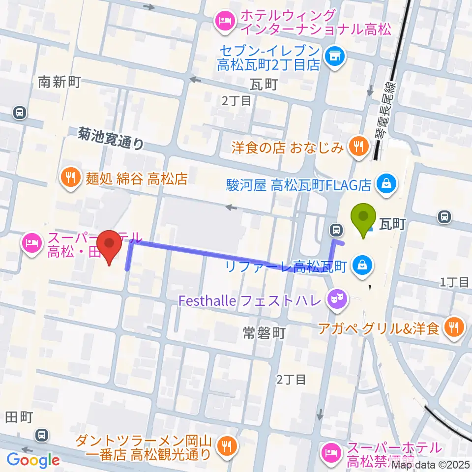 FM815の最寄駅瓦町駅からの徒歩ルート（約4分）地図