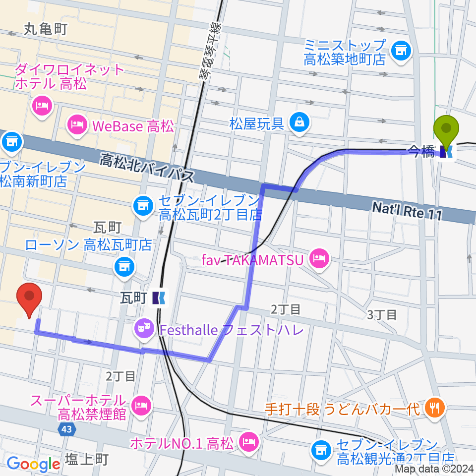 今橋駅からFM815へのルートマップ地図