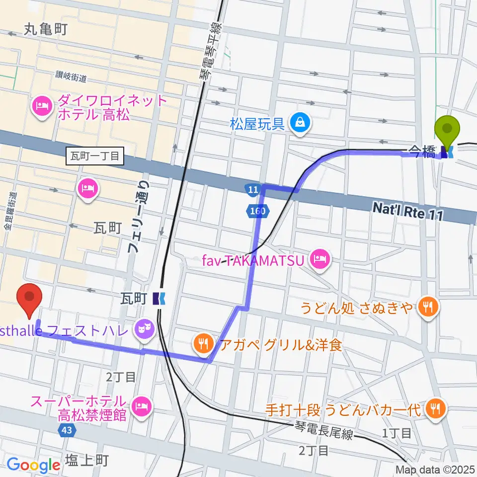 今橋駅からFM815へのルートマップ地図