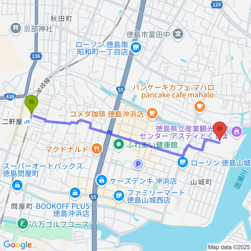 二軒屋駅からエフエムびざん B-FM791へのルートマップ地図