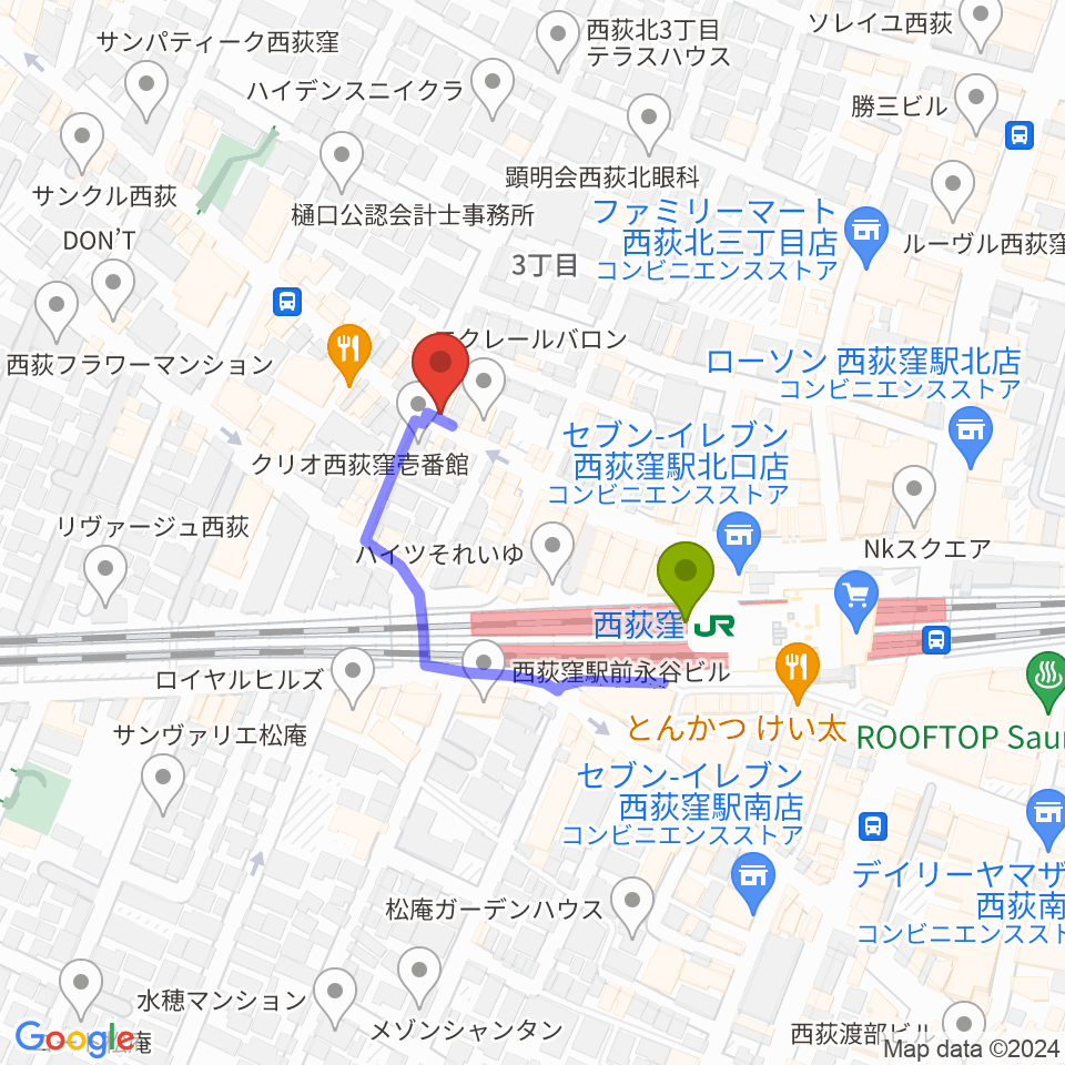 西荻ターニングの最寄駅西荻窪駅からの徒歩ルート（約2分）地図
