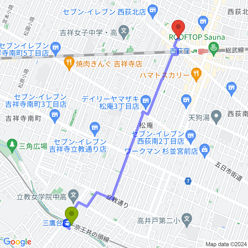 三鷹台駅から西荻ターニングへのルートマップ地図
