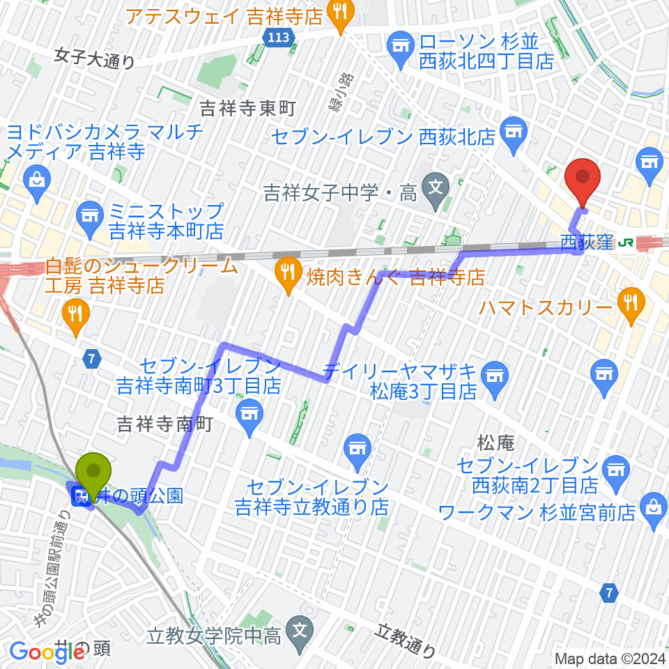 井の頭公園駅から西荻ターニングへのルートマップ地図