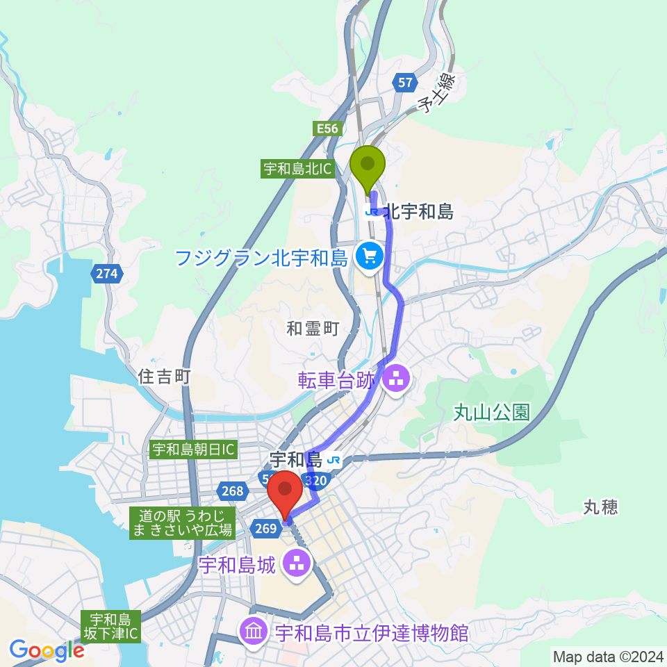 北宇和島駅からFMがいやへのルートマップ地図