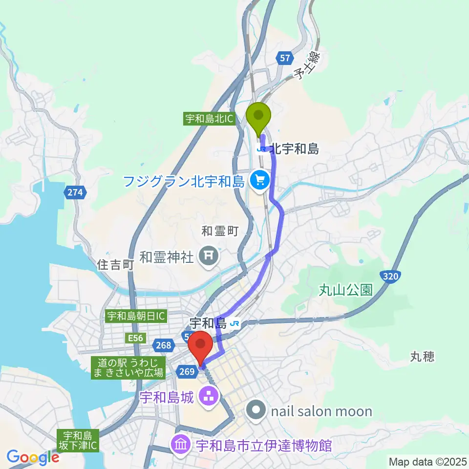 北宇和島駅からFMがいやへのルートマップ地図