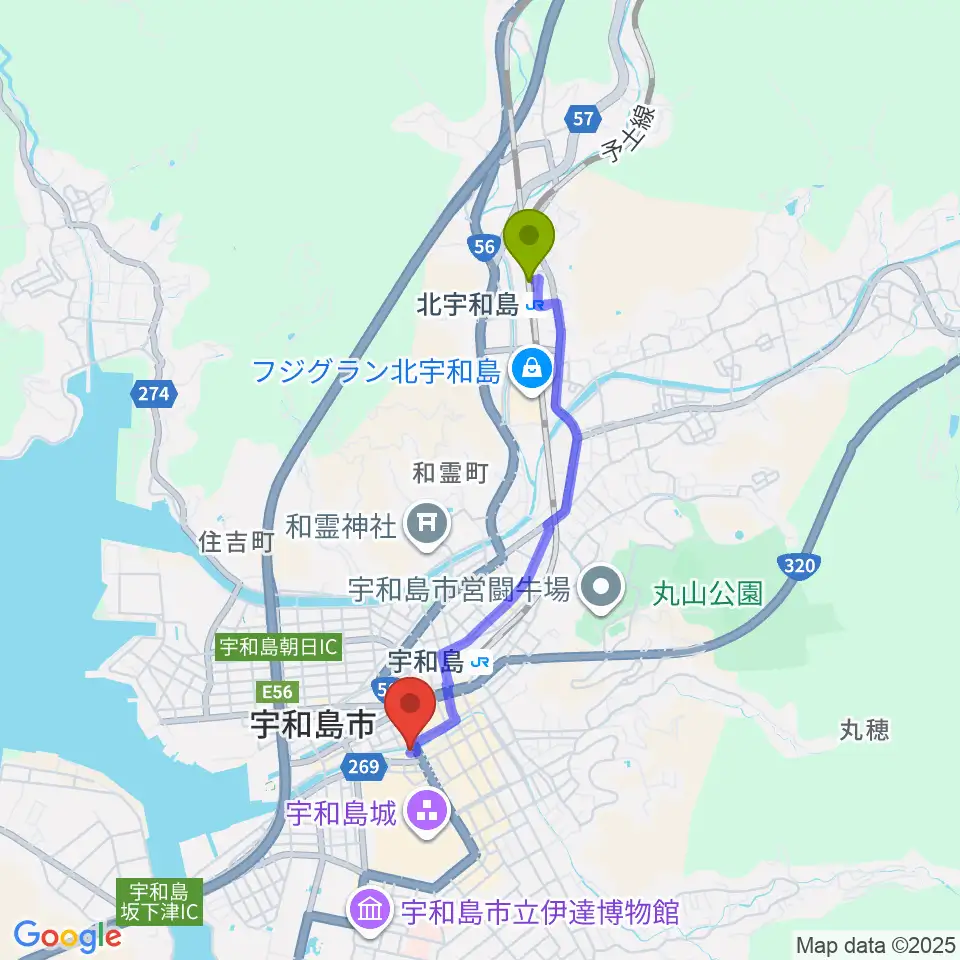 北宇和島駅からFMがいやへのルートマップ地図