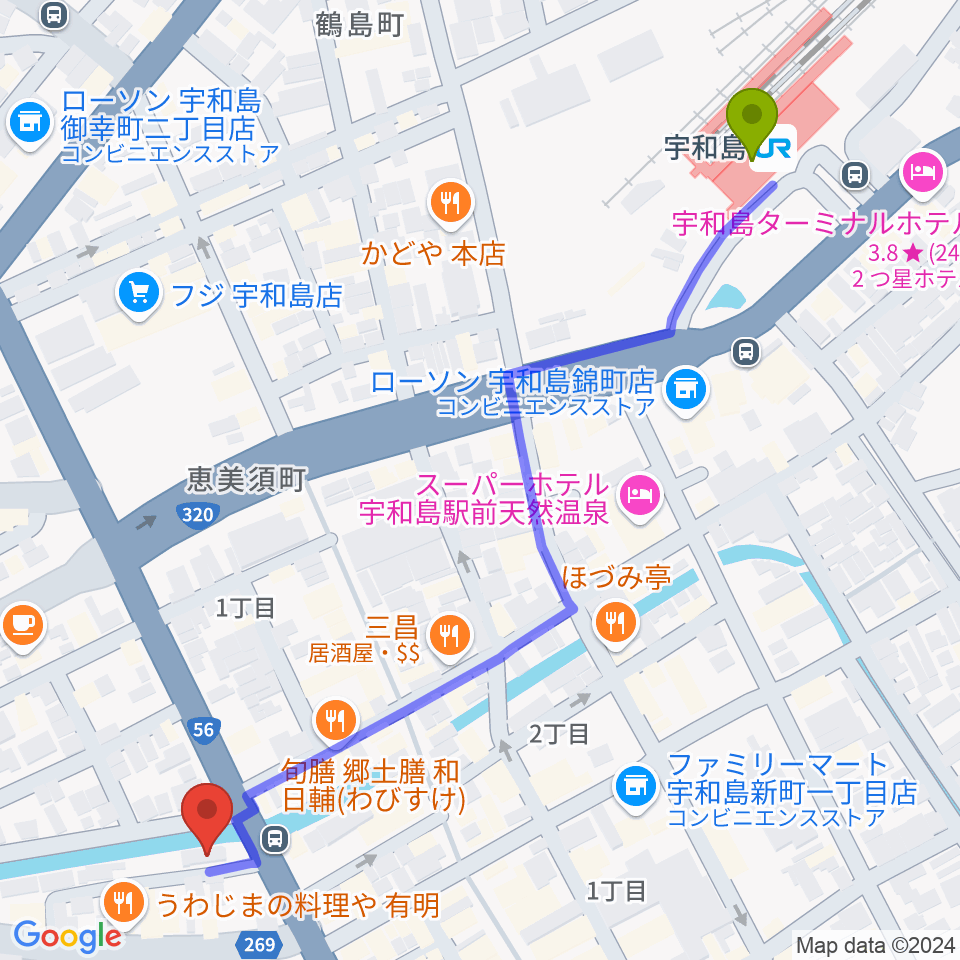 FMがいやの最寄駅宇和島駅からの徒歩ルート（約7分）地図