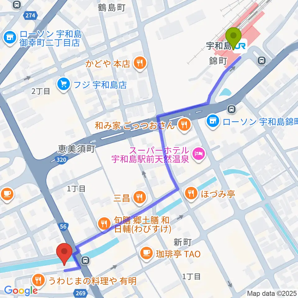 FMがいやの最寄駅宇和島駅からの徒歩ルート（約7分）地図
