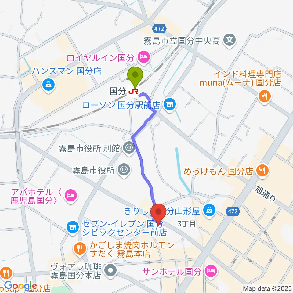 FMきりしま プラスきりしまの最寄駅国分駅からの徒歩ルート（約8分）地図