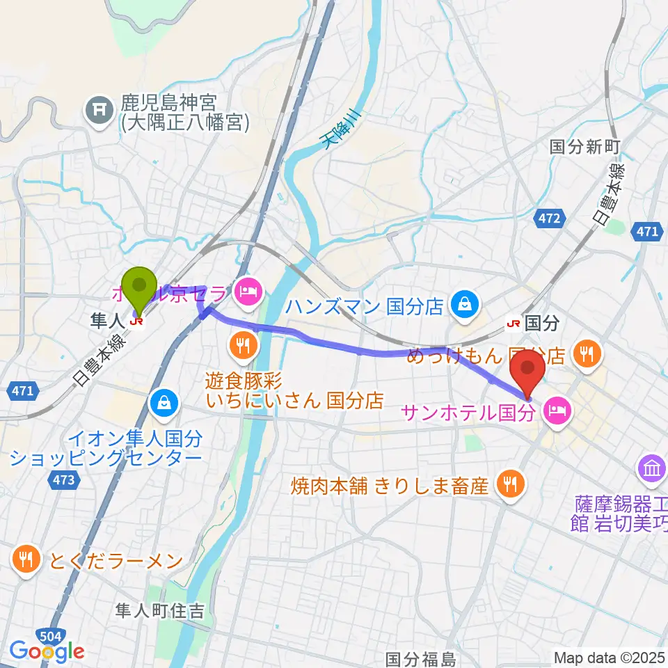 隼人駅からFMきりしま プラスきりしまへのルートマップ地図