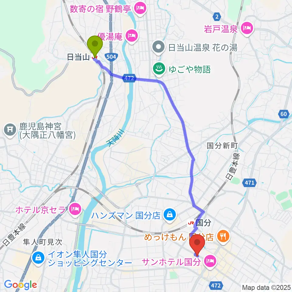 日当山駅からFMきりしま プラスきりしまへのルートマップ地図