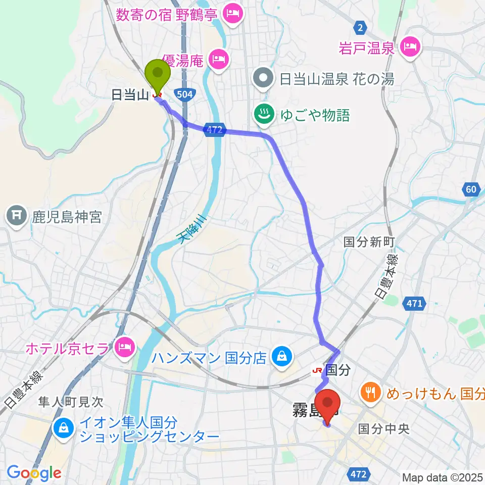 日当山駅からFMきりしま プラスきりしまへのルートマップ地図