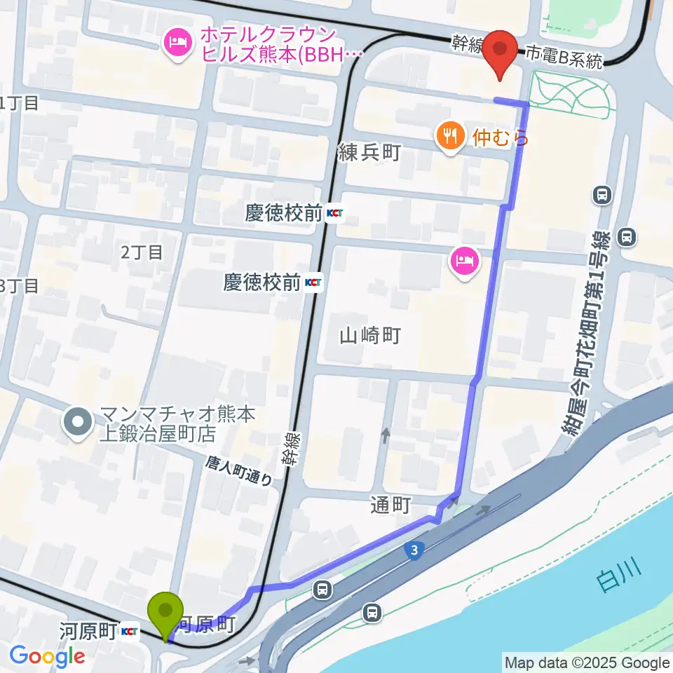 河原町駅からFM791 熊本シティエフエムへのルートマップ地図