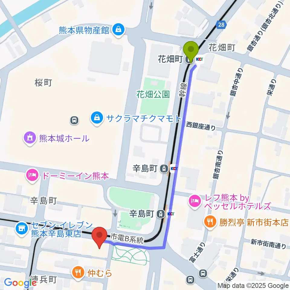 花畑町駅からFM791 熊本シティエフエムへのルートマップ地図