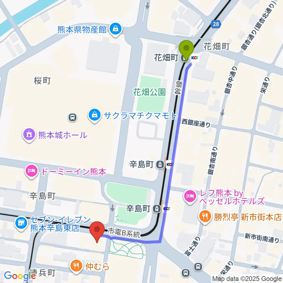 花畑町駅からFM791 熊本シティエフエムへのルートマップ地図