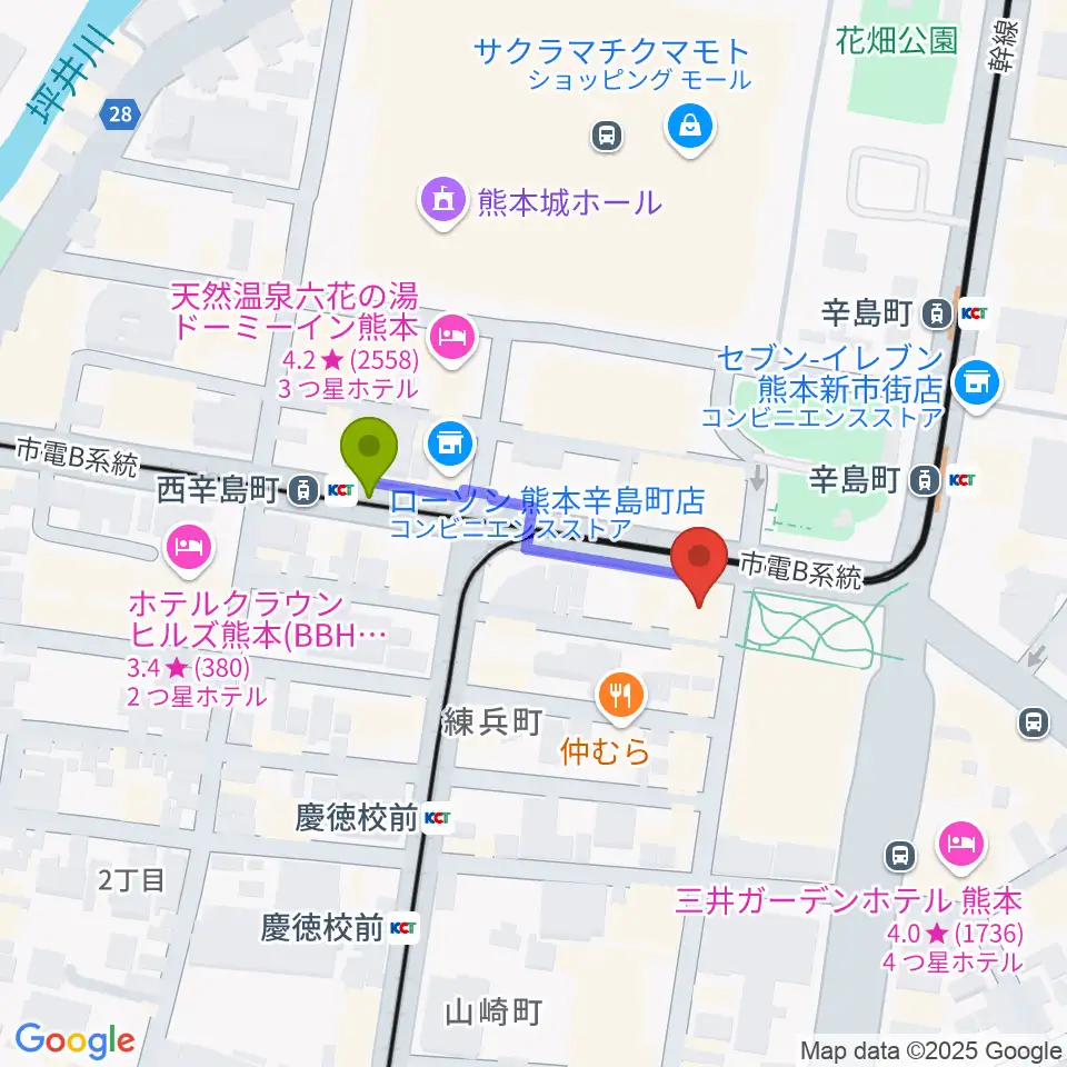 西辛島町駅からFM791 熊本シティエフエムへのルートマップ地図