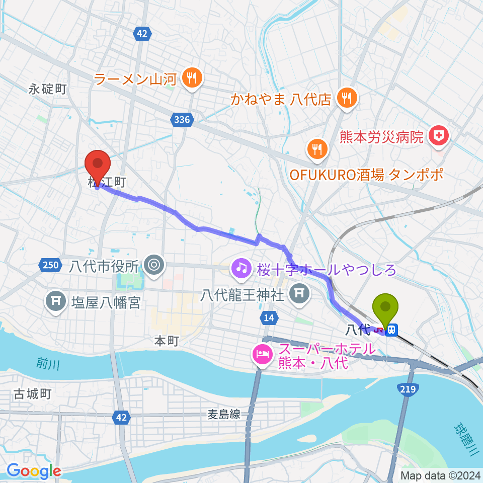 エフエムやつしろ かっぱFMの最寄駅八代駅からの徒歩ルート（約43分）地図