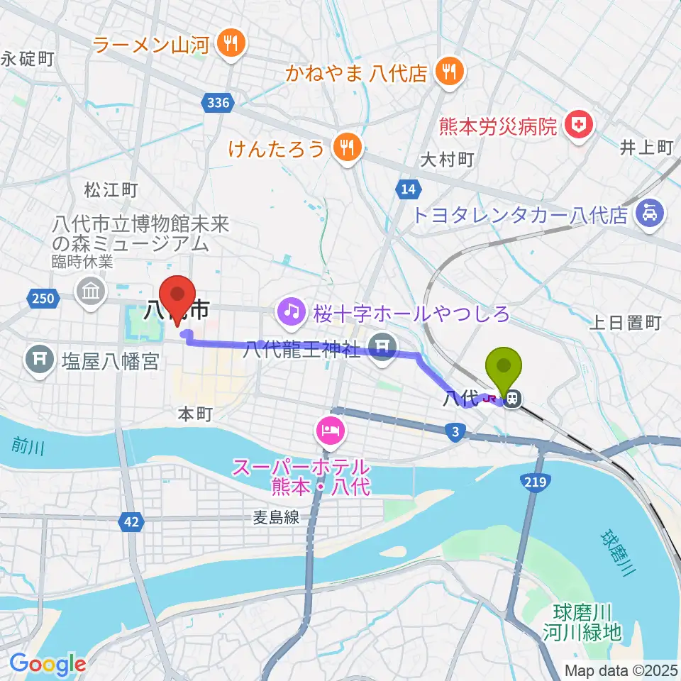 Kappa FMの最寄駅八代駅からの徒歩ルート（約32分）地図