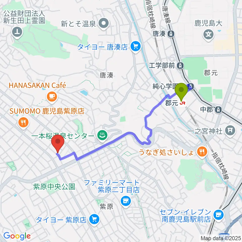 フレンズFM762の最寄駅郡元駅からの徒歩ルート（約18分）地図