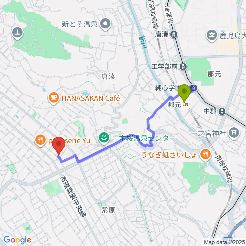 フレンズFM762の最寄駅郡元駅からの徒歩ルート（約18分）地図