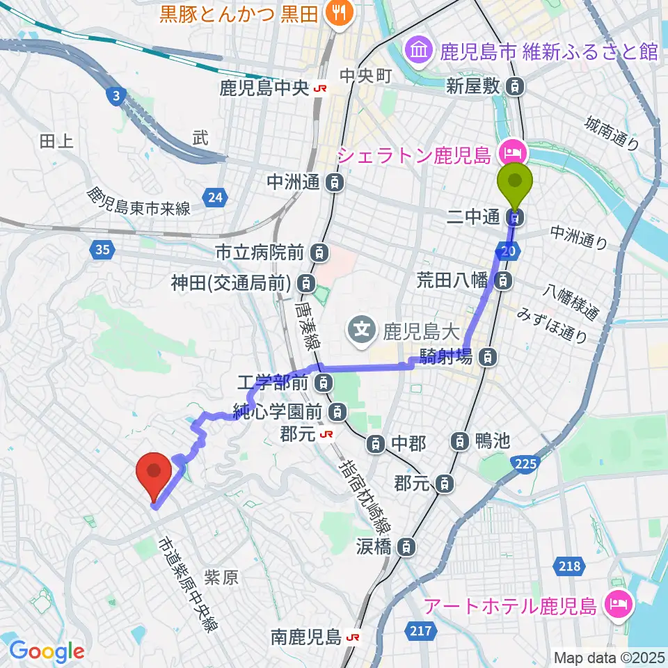 二中通駅からフレンズFM762へのルートマップ地図