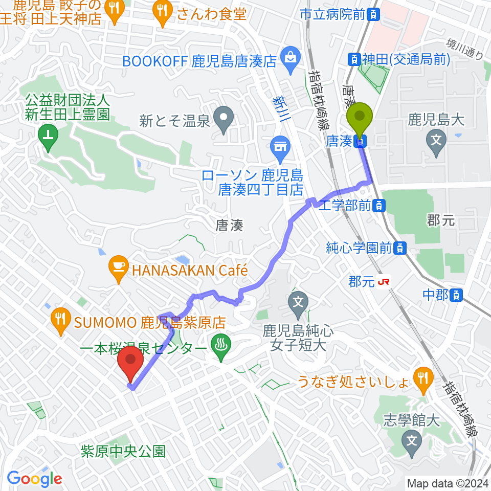 唐湊駅からフレンズFM762へのルートマップ地図