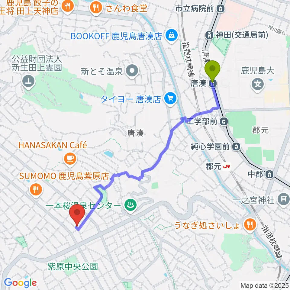 唐湊駅からフレンズFM762へのルートマップ地図