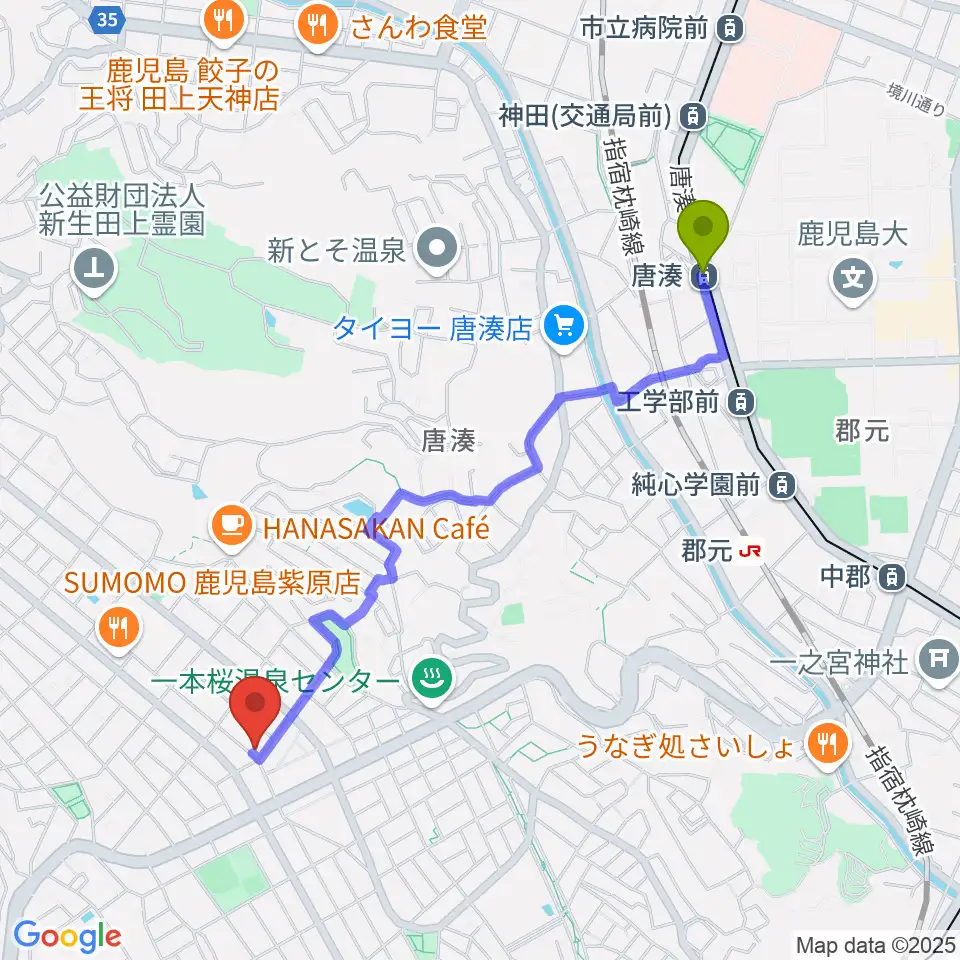 唐湊駅からフレンズFM762へのルートマップ地図
