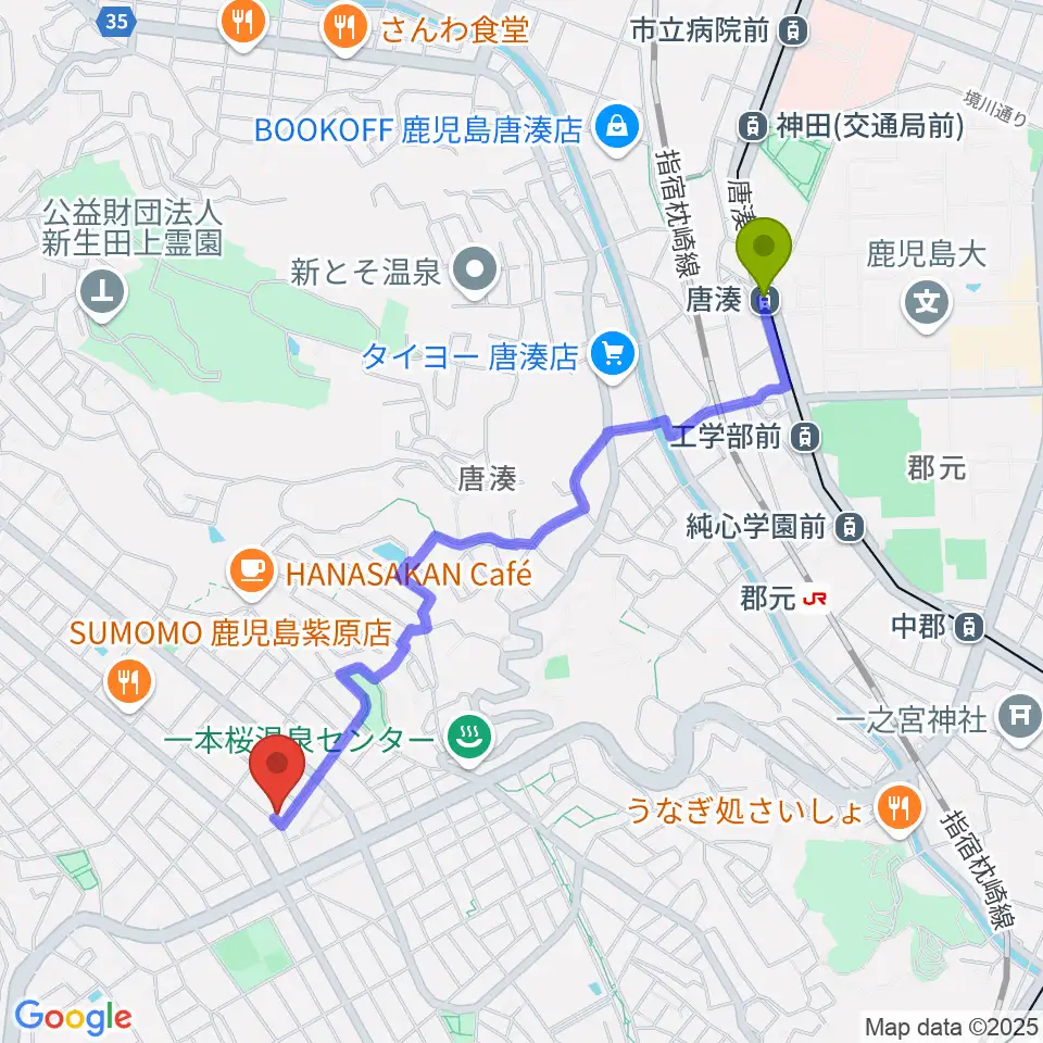 唐湊駅からフレンズFM762へのルートマップ地図
