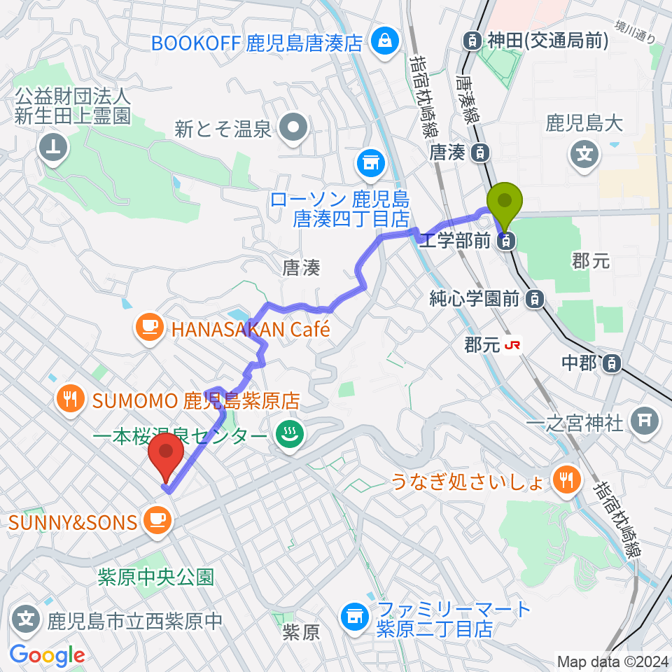 工学部前駅からフレンズFM762へのルートマップ地図