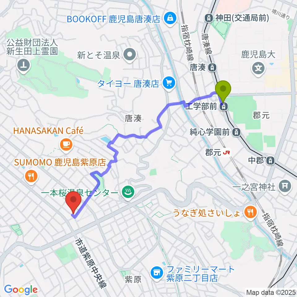 工学部前駅からフレンズFM762へのルートマップ地図