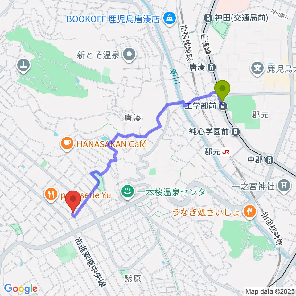 工学部前駅からフレンズFM762へのルートマップ地図