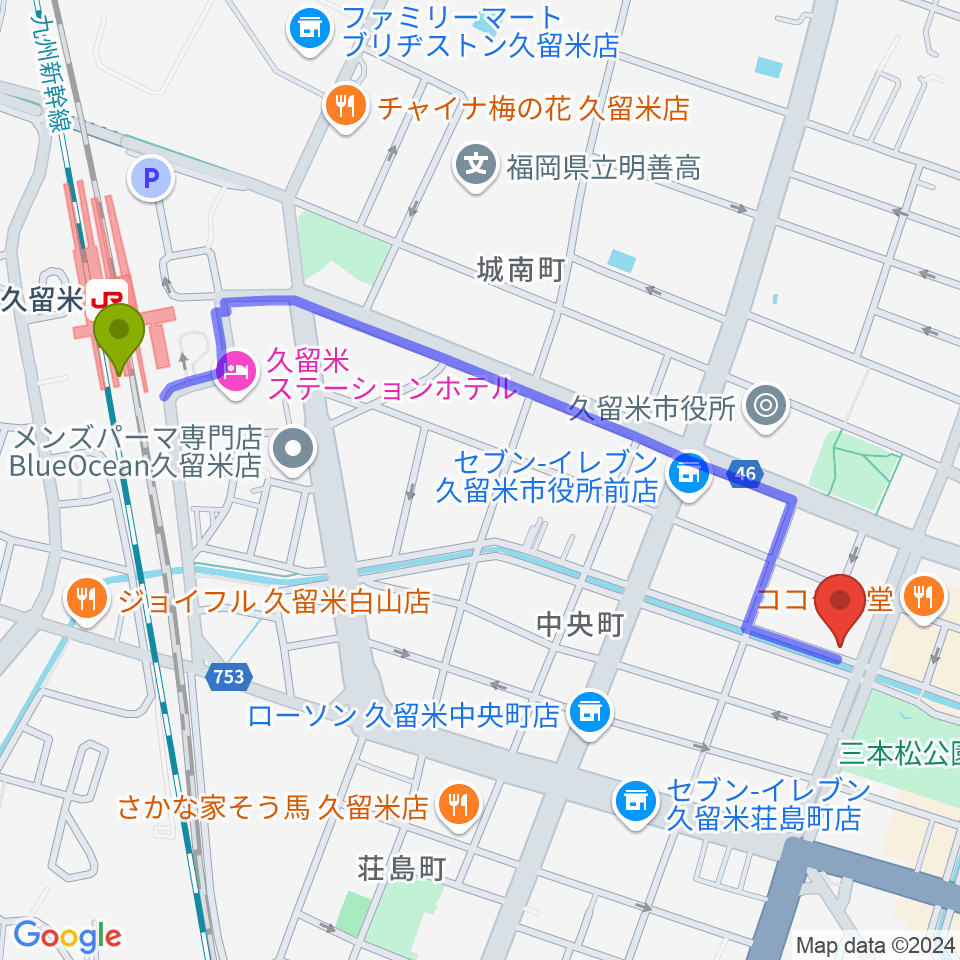 ドリームスエフエムの最寄駅久留米駅からの徒歩ルート（約13分）地図